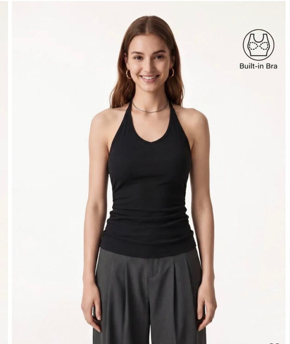 OGL Move Black Halter Tank Top Size XS Built-in Bra Braless Ribbed Brami New